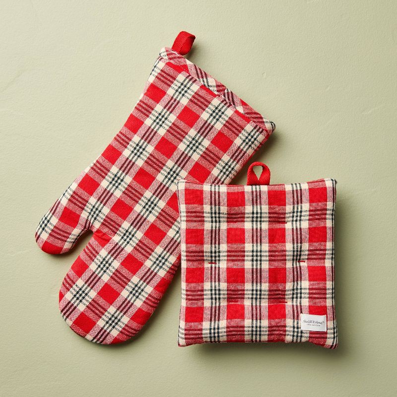 slide 1 of 3, Hearth & Hand with Magnolia 2pc Oven Mitten and Potholder Set Red/Natural Plaid - Hearth & Hand™ with Magnolia, 2 ct