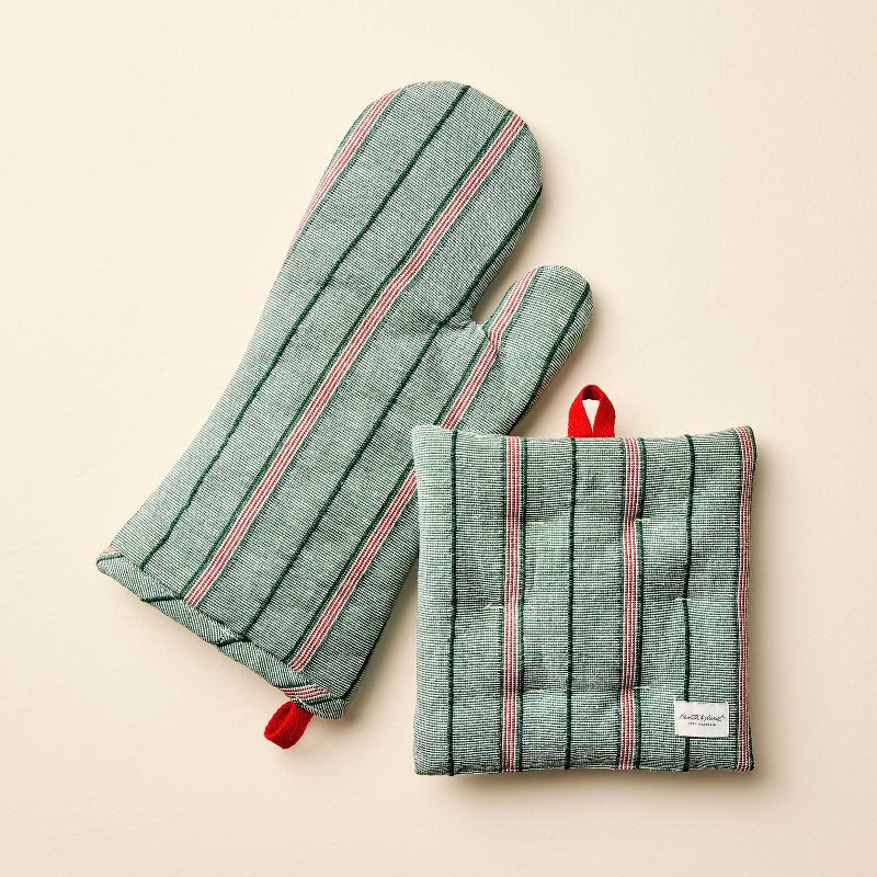 slide 1 of 3, Hearth & Hand with Magnolia 2pc Oven Mitten and Potholder Set Green/Red Stripe - Hearth & Hand™ with Magnolia, 2 ct