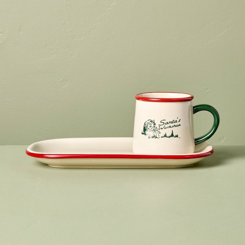 slide 1 of 3, Hearth & Hand with Magnolia 2pc Stoneware Reactive Glaze Cookie Plate and 'santa's Workshop' Mug Cream/Red/Green - Hearth & Hand™ with Magnolia, 2 ct
