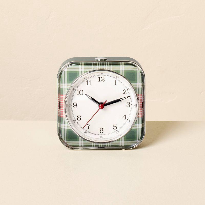 slide 1 of 3, Hearth & Hand with Magnolia 4" Plaid Square Tabletop Analog Clock Green - Hearth & Hand™ with Magnolia, 1 ct