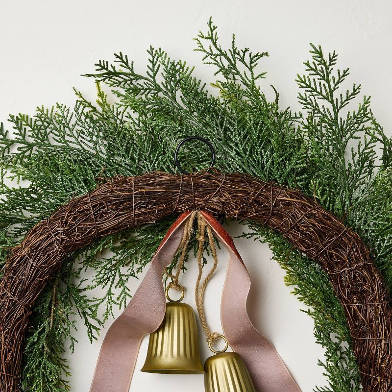slide 3 of 3, Hearth & Hand with Magnolia 26" Cypress with Brass Bell and Red Ribbon Christmas Wreath - Hearth & Hand™ with Magnolia, 1 ct