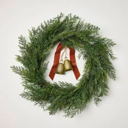 Hearth & Hand with Magnolia 26" Cypress with Brass Bell and Red Ribbon Christmas Wreath - Hearth & Hand™ with Magnolia