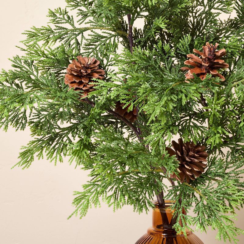 slide 3 of 3, Hearth & Hand with Magnolia 22" Cedar and Pinecones in Ribbed Amber Vase Artificial Arrangement - Hearth & Hand™ with Magnolia, 1 ct