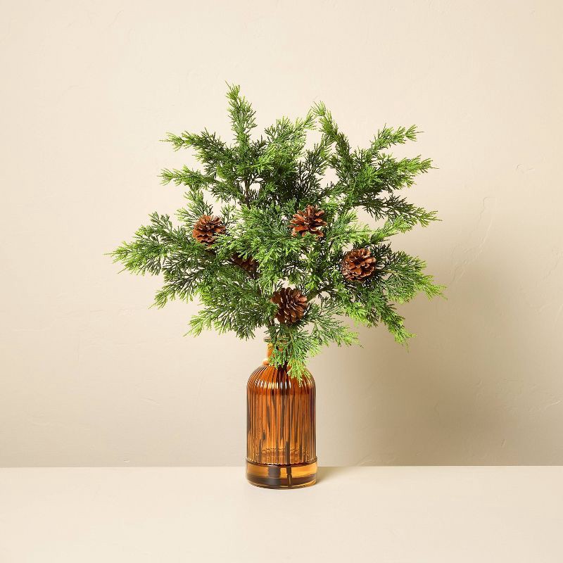 slide 1 of 3, Hearth & Hand with Magnolia 22" Cedar and Pinecones in Ribbed Amber Vase Artificial Arrangement - Hearth & Hand™ with Magnolia, 1 ct