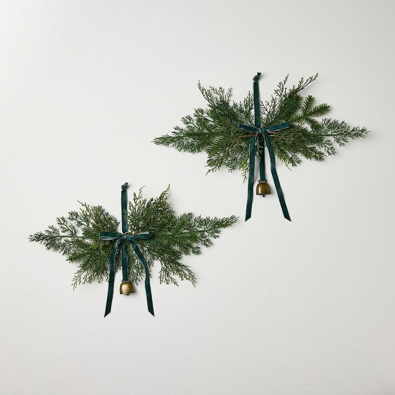 slide 1 of 3, Hearth & Hand with Magnolia 2pk 6" Cedar with Green Ribbon Mini Artificial Swag - Hearth & Hand™ with Magnolia, 2 ct