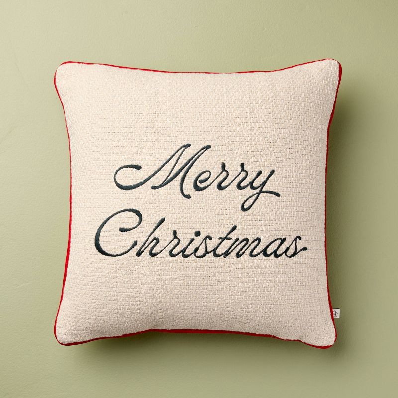 slide 1 of 4, Hearth & Hand with Magnolia 16"x16" 'Merry Christmas' Icon Square Toss Pillow Cream/Red Edge - Hearth & Hand™ with Magnolia, 1 ct