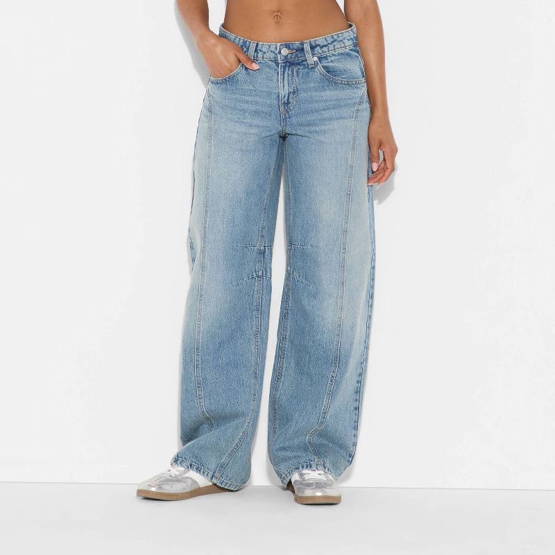 slide 2 of 3, Women's Mid-Rise Must Have Barrel Jeans - Wild Fable™ Light Wash 14, 1 ct