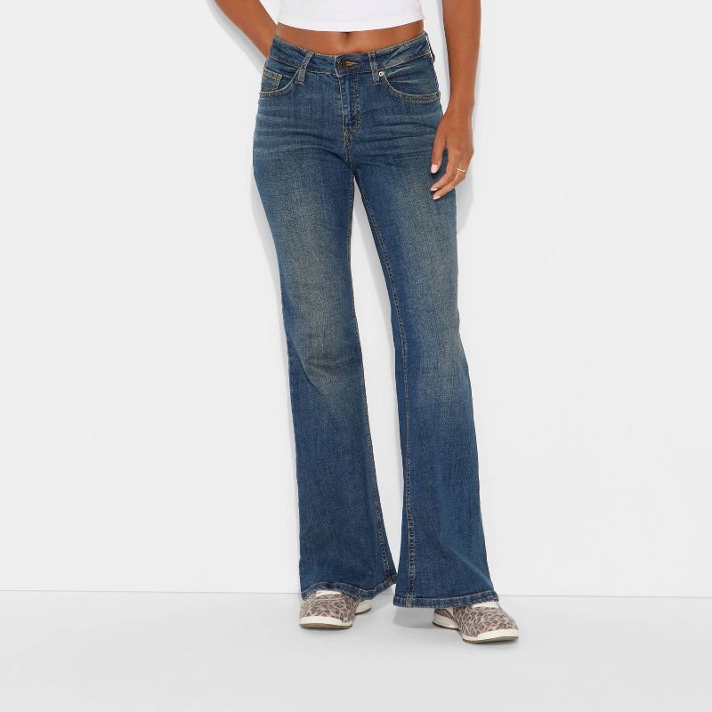 slide 2 of 3, Women's Mid-Rise Flare Jeans - Wild Fable™ Dark Blue Denim 16, 1 ct