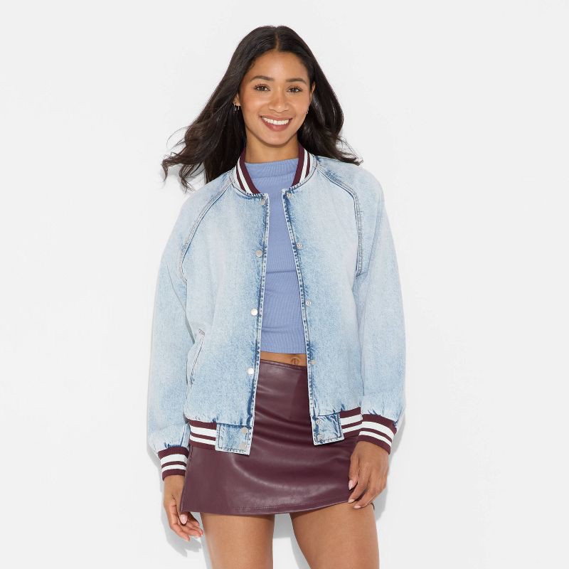 slide 2 of 3, Women's Denim Varsity Jacket - Wild Fable™ Medium Wash M, 1 ct