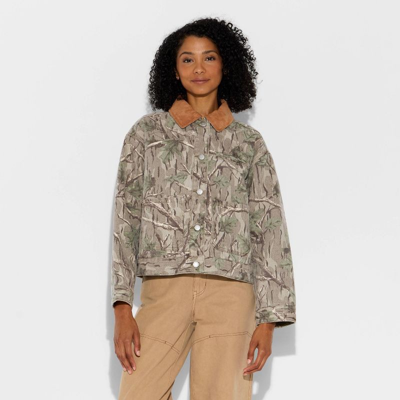 slide 2 of 3, Women's Padded Denim Barn Jacket - Wild Fable™ Khaki Leaf XL, 1 ct