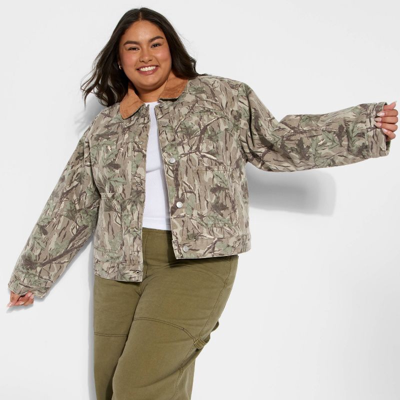 slide 1 of 3, Women's Padded Denim Barn Jacket - Wild Fable™ Khaki Leaf XXL, 1 ct