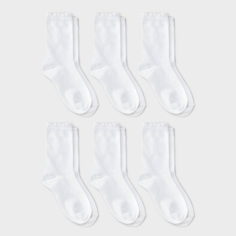 slide 1 of 3, Girls' 6pk Ruffle Crew Socks - Cat & Jack™ White M, 6 ct