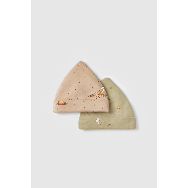 slide 4 of 11, Baby 2pk Little Snoopy Halloween Cap Set - Tan/Green 0-6M, 2 ct