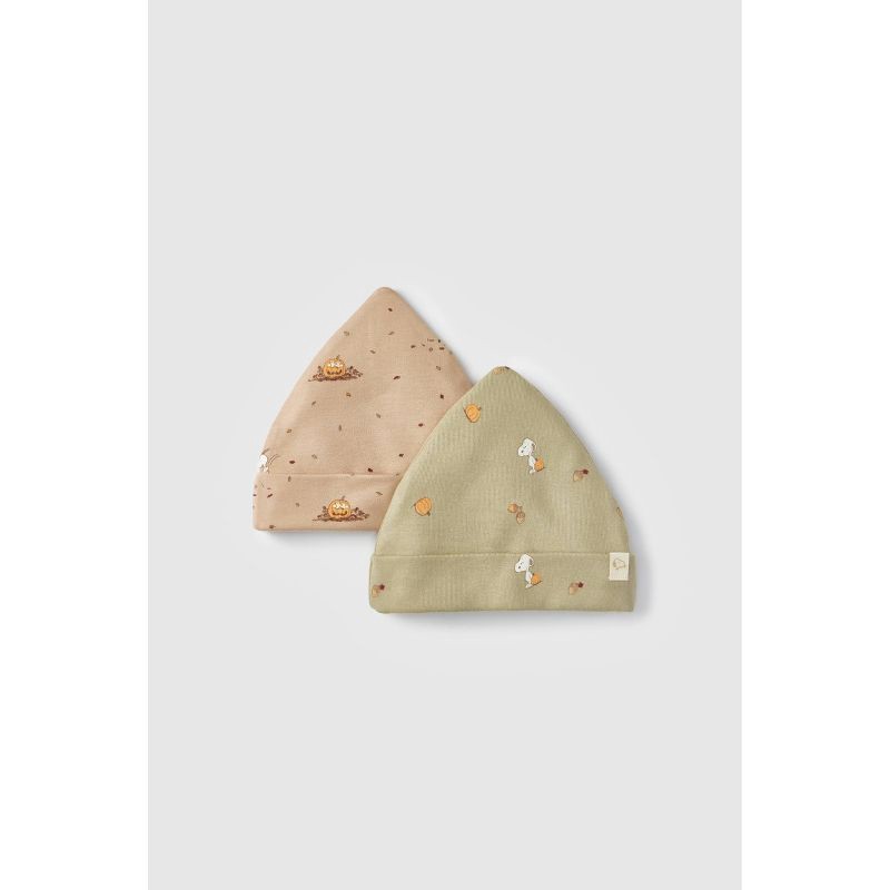 slide 1 of 11, Baby 2pk Little Snoopy Halloween Cap Set - Tan/Green 0-6M, 2 ct