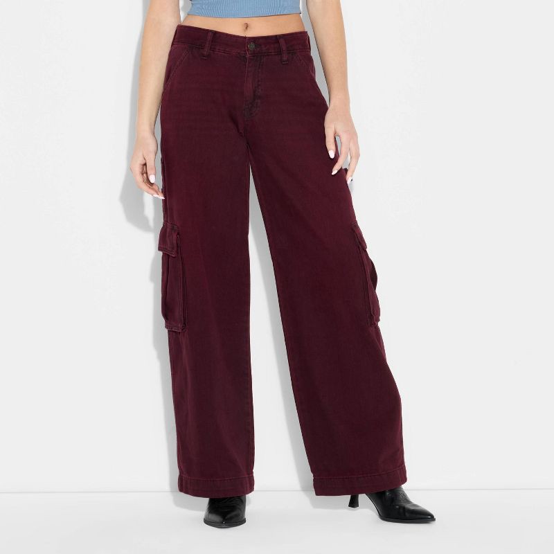slide 2 of 3, Women's Mid-Rise Wide Leg Cargo Jeans - Wild Fable™ Burgundy 4, 1 ct