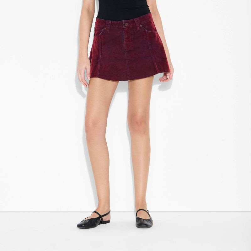 slide 2 of 3, Women's Pocket Flare Mini Denim Skirt - Wild Fable™ Burgundy 12, 1 ct