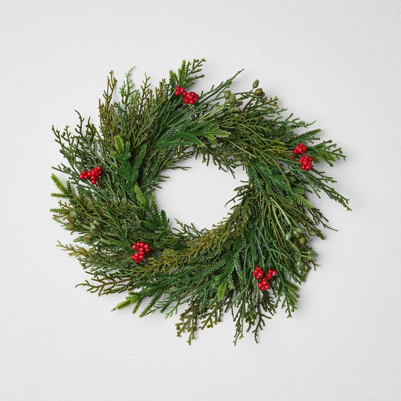 slide 1 of 3, Hearth & Hand with Magnolia 12" Mini Cypress and Red Berry Artificial Christmas Wreath - Hearth & Hand™ with Magnolia, 1 ct