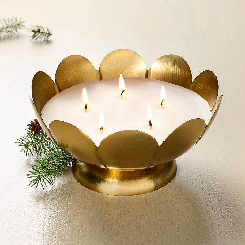 slide 2 of 3, Hearth & Hand with Magnolia 5 Wick Large Scalloped Brass Footed Jar Candle Fireside Spruce 22oz - Hearth & Hand™ with Magnolia, 22 oz