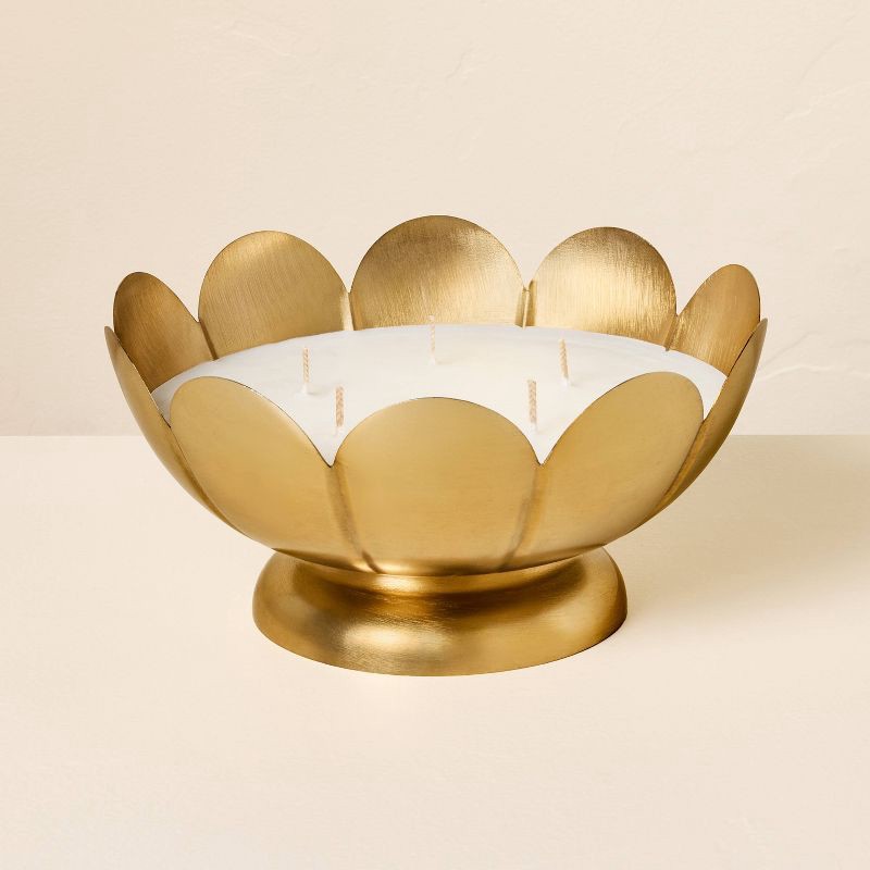 slide 1 of 3, Hearth & Hand with Magnolia 5 Wick Large Scalloped Brass Footed Jar Candle Fireside Spruce 22oz - Hearth & Hand™ with Magnolia, 22 oz