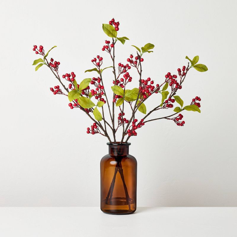 slide 1 of 3, Hearth & Hand with Magnolia 19" Red Berry in Amber Glass Artificial Arrangement - Hearth & Hand™ with Magnolia, 1 ct