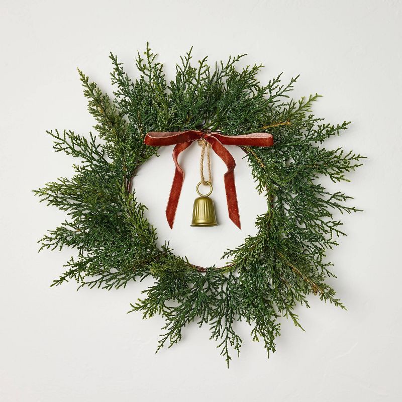 slide 1 of 3, Hearth & Hand with Magnolia 12" Mini Cypress with Brass Bell and Red Ribbon Christmas Wreath - Hearth & Hand™ with Magnolia, 1 ct