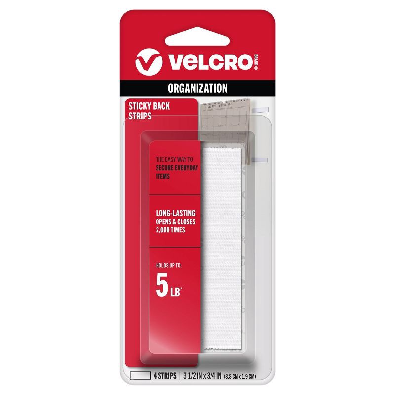 slide 1 of 8, VELCRO 3.5''x3/4" 4ct Sticky Back Strips Mounting Adhesive for Classroom and Office Organization White, 4 ct