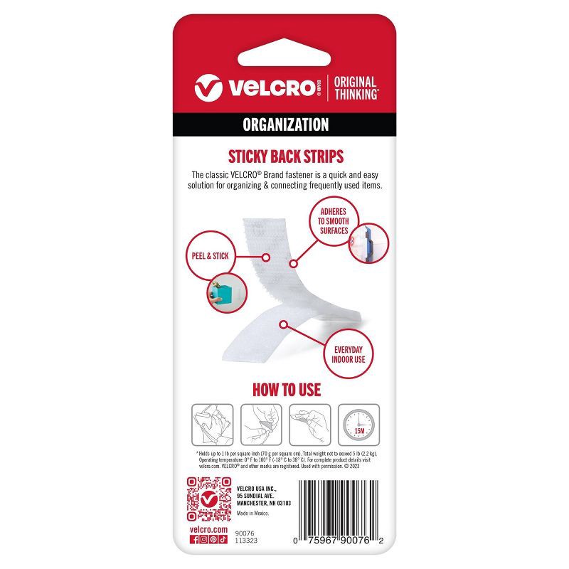 slide 8 of 8, VELCRO 3.5''x3/4" 4ct Sticky Back Strips Mounting Adhesive for Classroom and Office Organization White, 4 ct