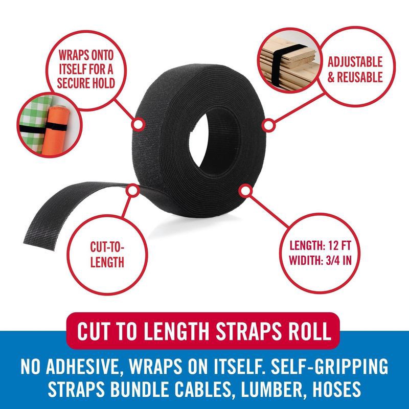 slide 3 of 7, VELCRO 12'x3/4'' One-Wrap Heavy Duty Roll for Organization Cut-to-Length Black, 1 ct
