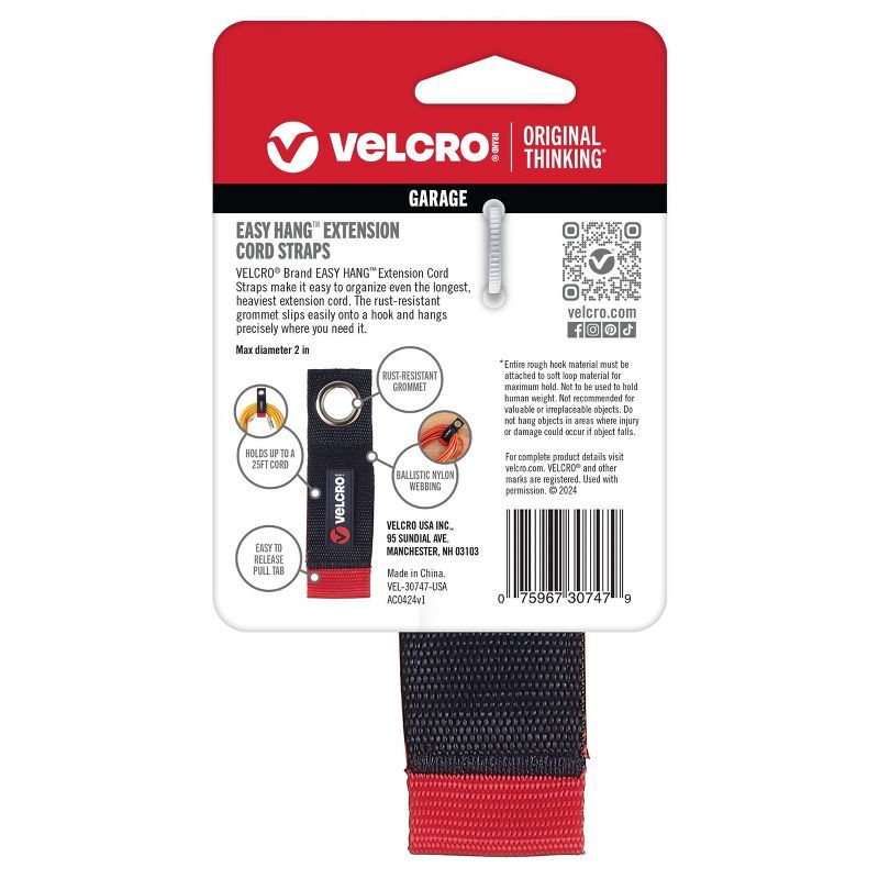 slide 3 of 3, VELCRO 10" Easy-Hang Extension Cord Strap Heavy Duty Garage Organization Holds 60lbs Black, 60 lb