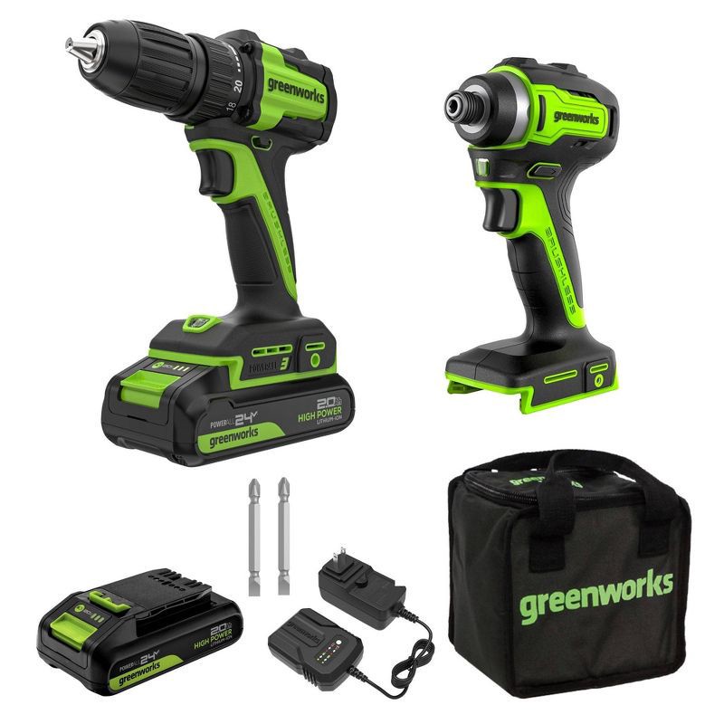 slide 1 of 1, Greenworks POWERALL 24V Cordless Brushless Drill/Impact Driver with 2 Batteries of 2.0Ah and Charger, 1 ct