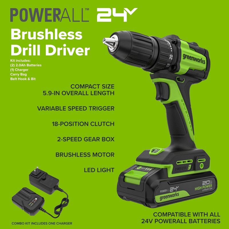 slide 5 of 11, Greenworks POWERALL 24V Cordless Brushless Drill/Impact Driver with 2 Batteries of 2.0Ah and Charger, 1 ct