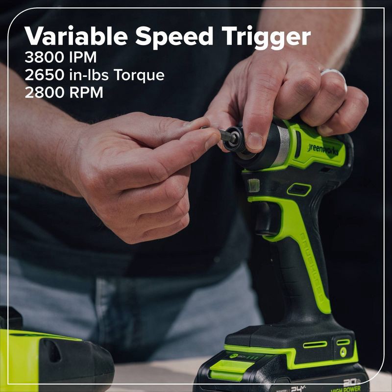 slide 6 of 11, Greenworks POWERALL 24V Cordless Brushless Drill/Impact Driver with 2 Batteries of 2.0Ah and Charger, 1 ct