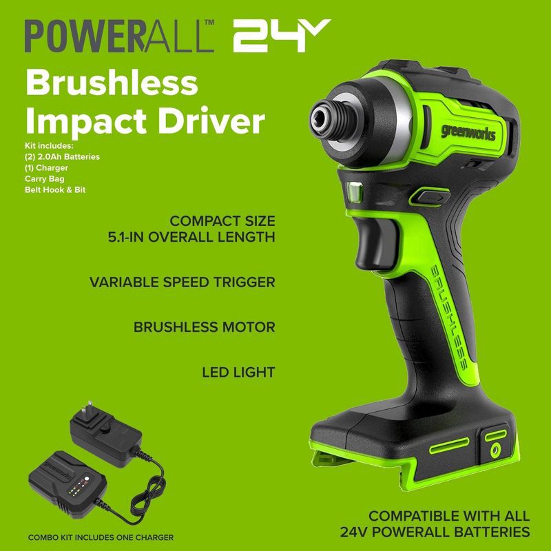 slide 8 of 11, Greenworks POWERALL 24V Cordless Brushless Drill/Impact Driver with 2 Batteries of 2.0Ah and Charger, 1 ct