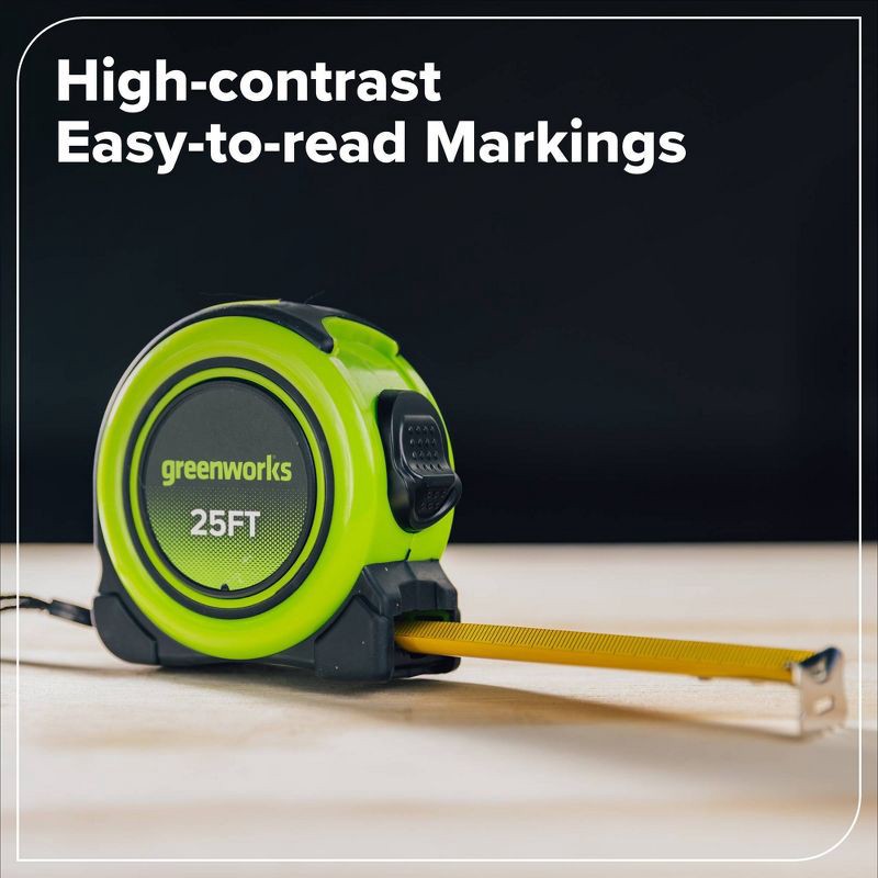 slide 3 of 4, Greenworks 25ft Tape Measurer, 25 ft