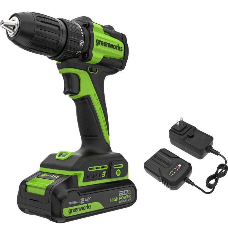 slide 1 of 8, Greenworks POWERALL 24V Cordless Brushless Drill/Driver with 2Ah Battery and Charger, 1 ct