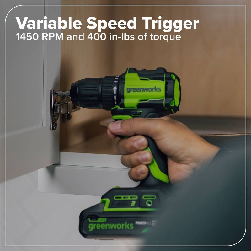 slide 3 of 8, Greenworks POWERALL 24V Cordless Brushless Drill/Driver with 2Ah Battery and Charger, 1 ct
