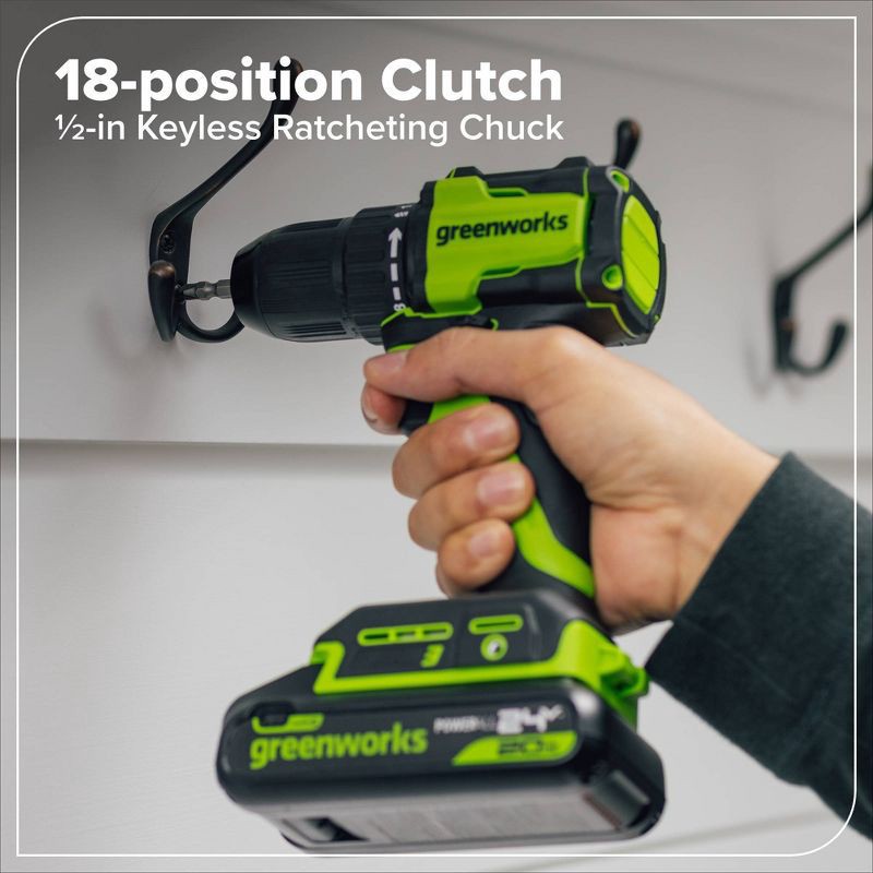 slide 4 of 8, Greenworks POWERALL 24V Cordless Brushless Drill/Driver with 2Ah Battery and Charger, 1 ct