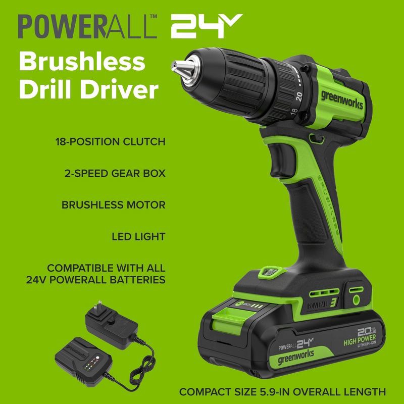 slide 5 of 8, Greenworks POWERALL 24V Cordless Brushless Drill/Driver with 2Ah Battery and Charger, 1 ct