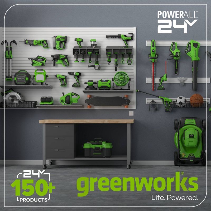 slide 7 of 8, Greenworks POWERALL 24V Cordless Brushless Drill/Driver with 2Ah Battery and Charger, 1 ct