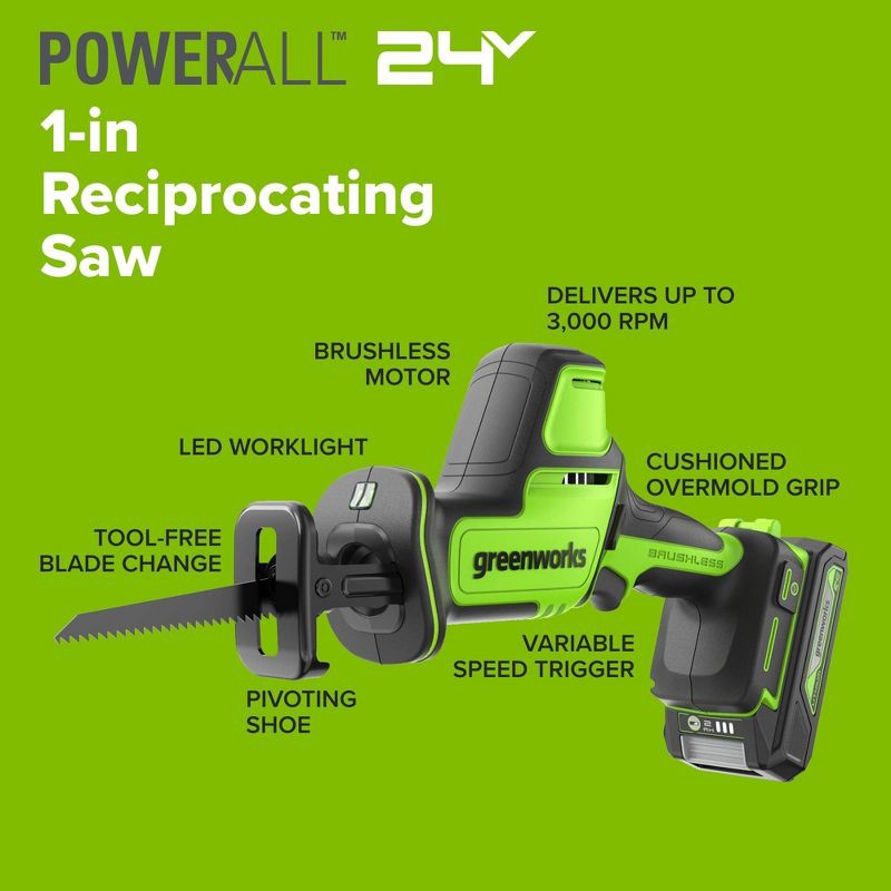slide 6 of 9, Greenworks POWERALL 24V Cordless Brushless 1in Recip Saw with 2Ah Battery and Charger, 1 ct