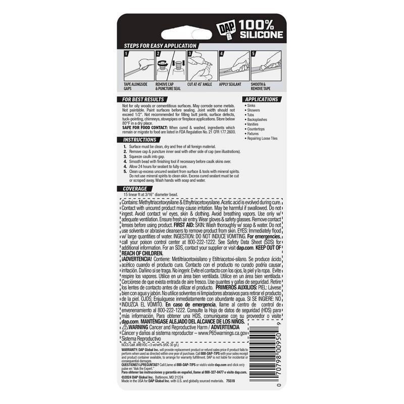 slide 3 of 10, DAP All Purpose Kitchen and Bath 100% Silicone 2.8oz White, 2.8 oz