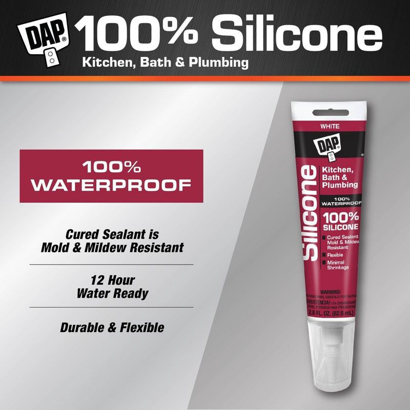 slide 7 of 10, DAP All Purpose Kitchen and Bath 100% Silicone 2.8oz White, 2.8 oz