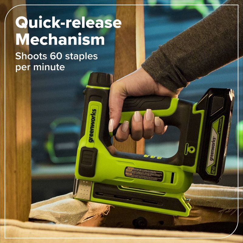 slide 4 of 10, Greenworks POWERALL 24V Cordless 3/8in Crown T50 Stapler with 2Ah Battery and Charger, 1 ct