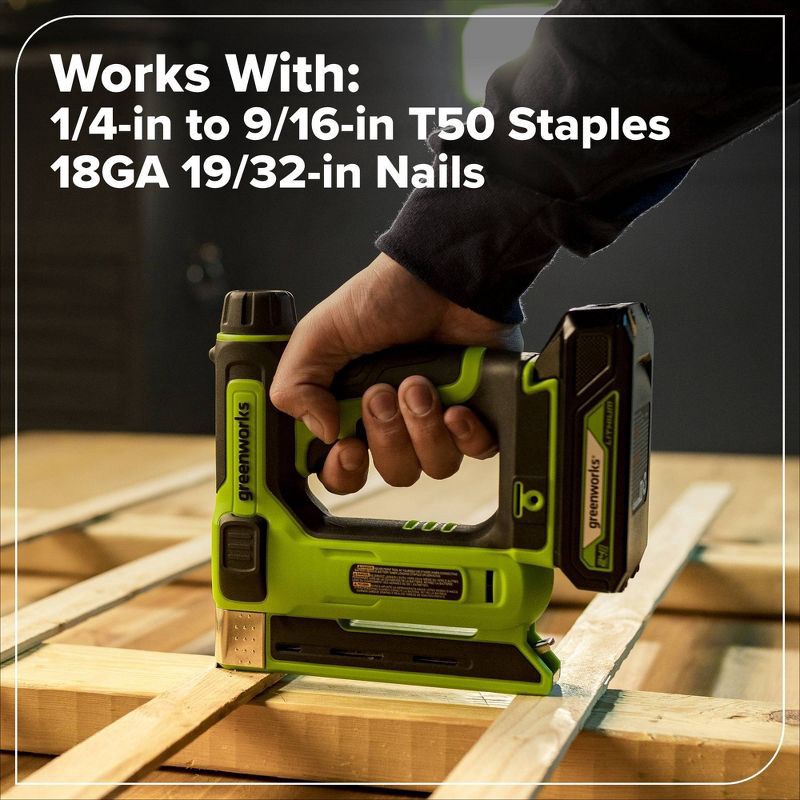 slide 5 of 10, Greenworks POWERALL 24V Cordless 3/8in Crown T50 Stapler with 2Ah Battery and Charger, 1 ct