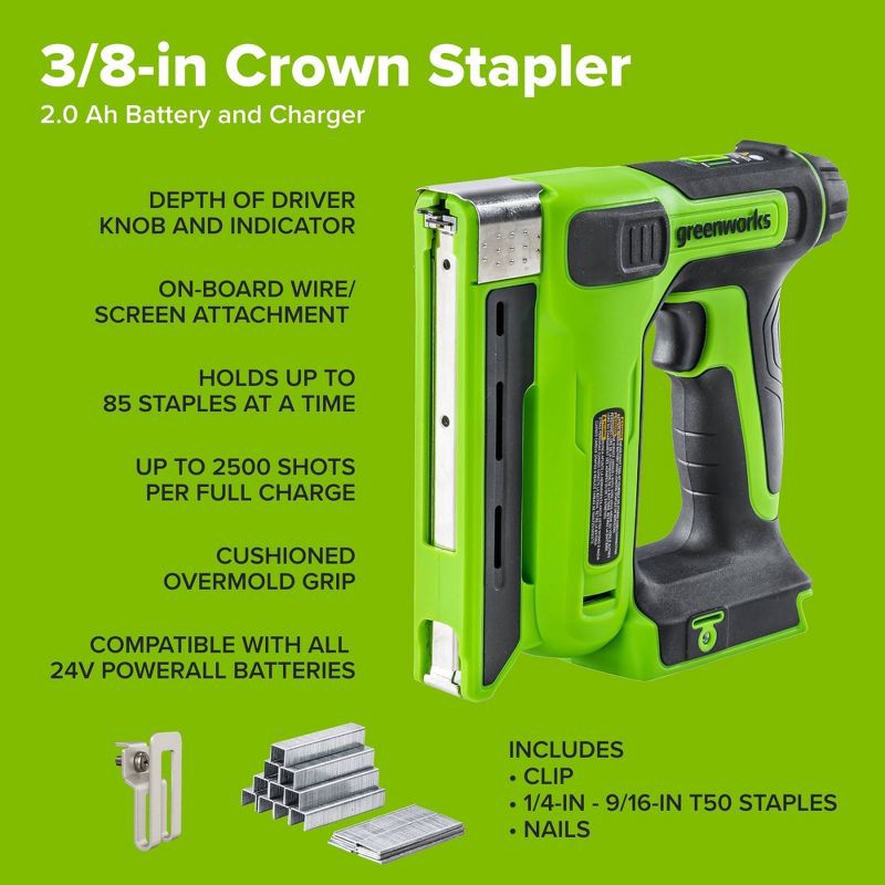 slide 7 of 10, Greenworks POWERALL 24V Cordless 3/8in Crown T50 Stapler with 2Ah Battery and Charger, 1 ct