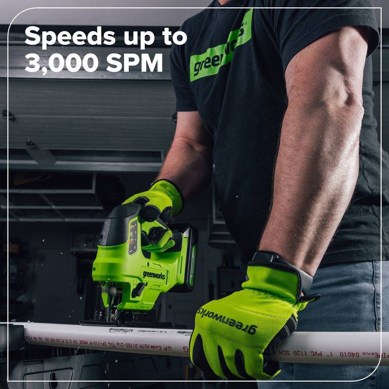slide 3 of 10, Greenworks POWERALL 24V Cordless Brushless 1'' Jigsaw with 1.5Ah Battery and Charger, 1 ct