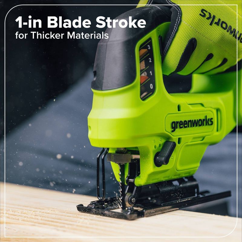 slide 4 of 10, Greenworks POWERALL 24V Cordless Brushless 1'' Jigsaw with 1.5Ah Battery and Charger, 1 ct