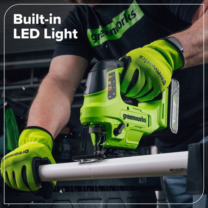 slide 5 of 10, Greenworks POWERALL 24V Cordless Brushless 1'' Jigsaw with 1.5Ah Battery and Charger, 1 ct