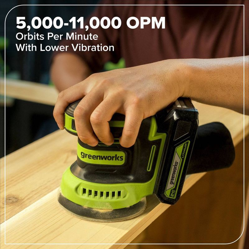 slide 3 of 9, Greenworks POWERALL 24V Cordless 5in Orbital Sander with 2Ah Battery and Charger, 1 ct