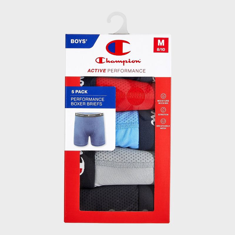 slide 2 of 4, Champion Boys' 5pk Wicking Active Performance Boxer Briefs- Blue/Red S, 5 ct